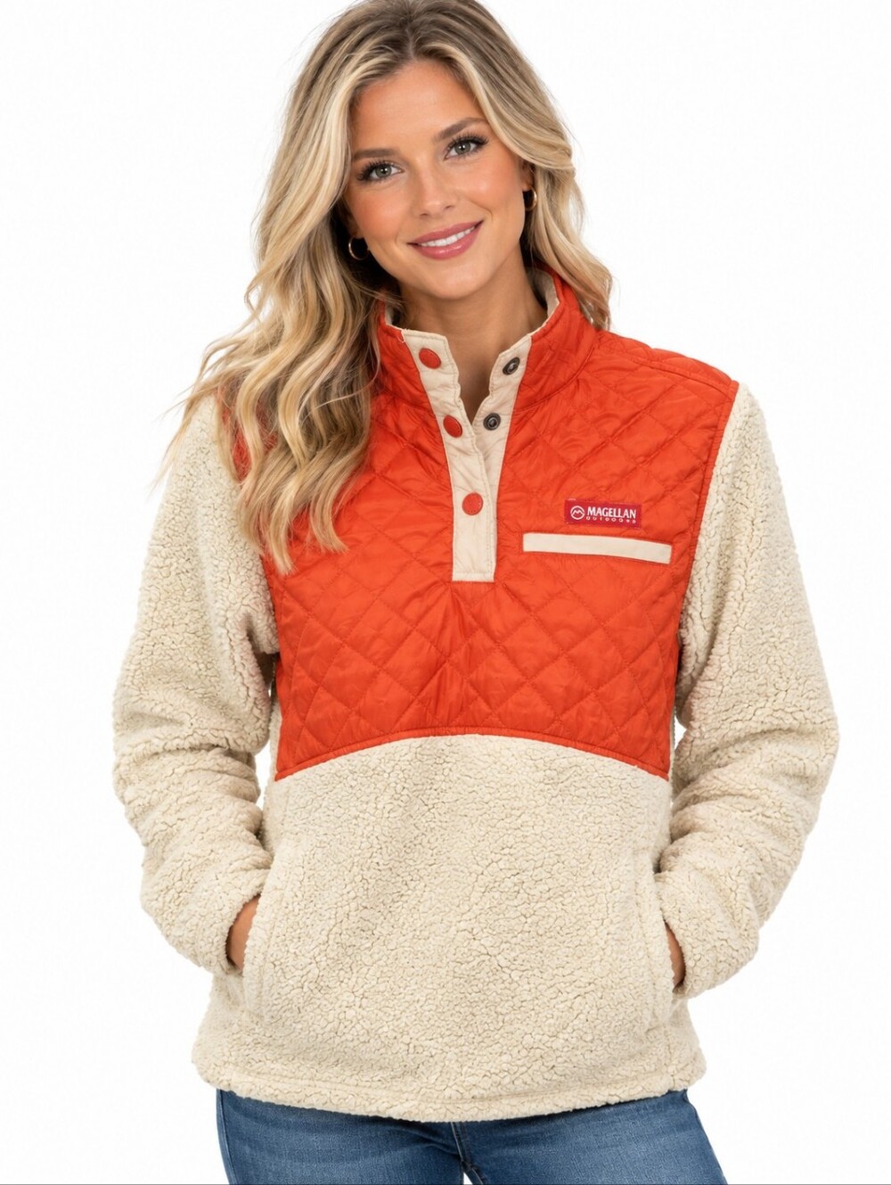 Magellan Outdoors Women's Orange Quilted Yoke Cream Sherpa Pullover Size XS